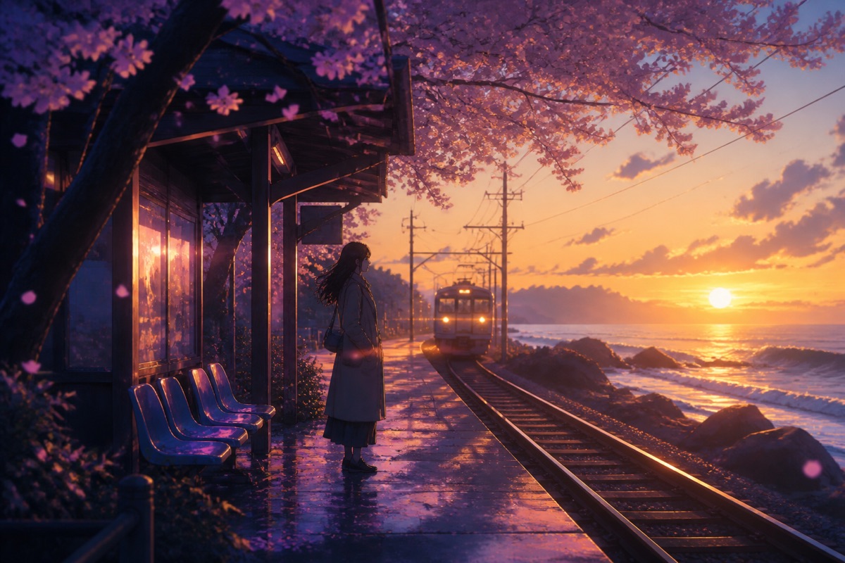 治愈动漫夕阳车站意象